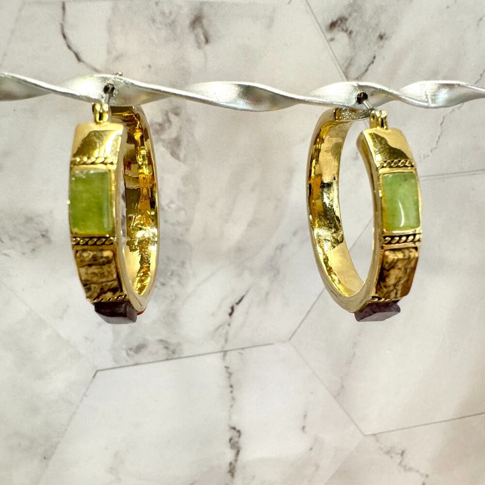 Vintage Monet Earrings Inlaid Glass Stones Gold Tone Hoops 1.25" Colorful EUC - Picture 2 of 7